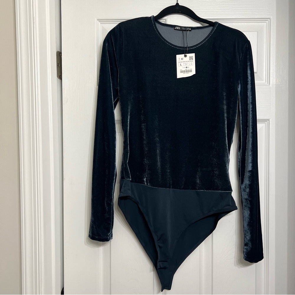 Zara blue velvet bodysuit with shoulder pads